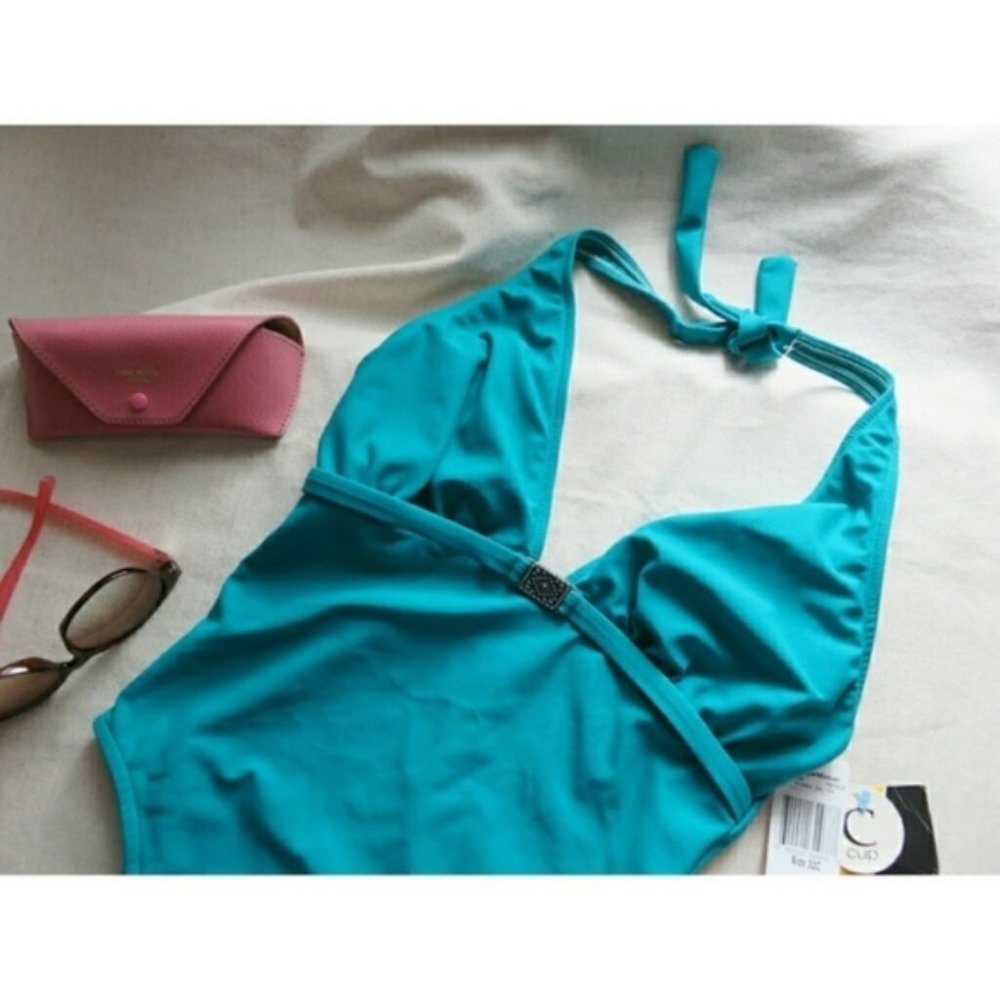 Vintage Shapemaker USA One Piece Halter Swimsuit Aquamarine Deadstock NEW